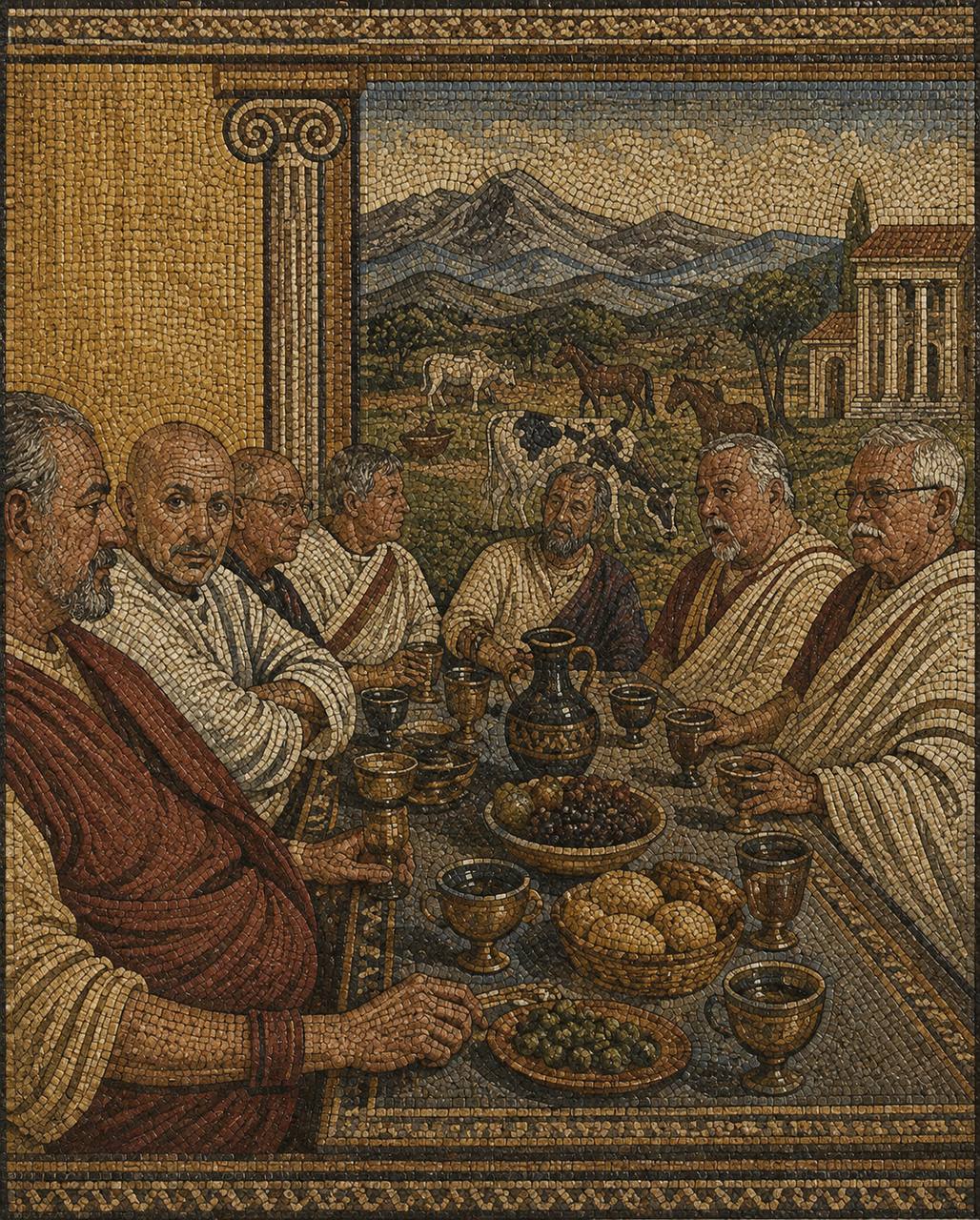 Mosaic-style scene of friends gathered around a table in a mountain clubhouse